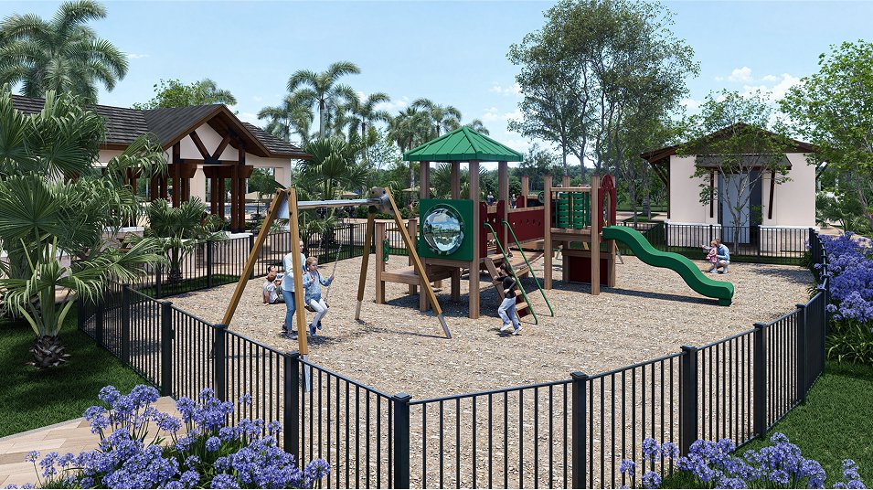 Builder's rendering of the planned playground at Turnleaf, with shaded climbing equipment on a soft-surface base.