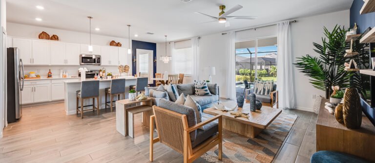 Photograph of the great room in a completed Lennar Amalfi model home. Photographed in a Lennar model, not at Turnleaf.