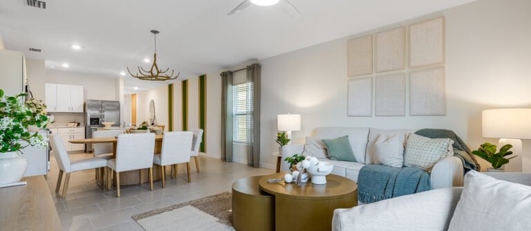 Photograph of the great room in a completed Lennar Belmont model home. Photographed in a Lennar model, not at Turnleaf.