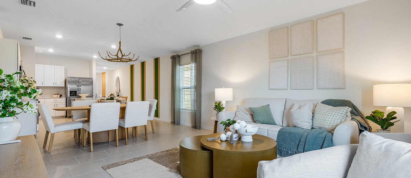 Photograph of the great room in a completed Lennar Belmont model home. Photographed in a Lennar model, not at Turnleaf.