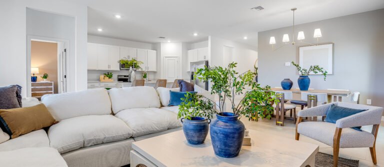 Photograph of the family room in a completed Lennar Carson model home. Photographed in a Lennar model, not at Turnleaf.