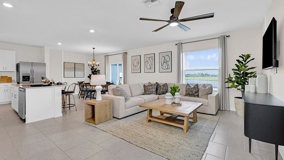 Photograph of the open living area in a completed Lennar Columbus model home. Photographed in a Lennar model, not at Turnleaf.