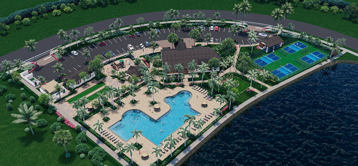 Builder's aerial rendering of the planned Turnleaf amenity centre, showing the resort pool and sun deck, the clubhouse, pickleball and bocce courts and a lake beyond. The amenity centre is under construction.