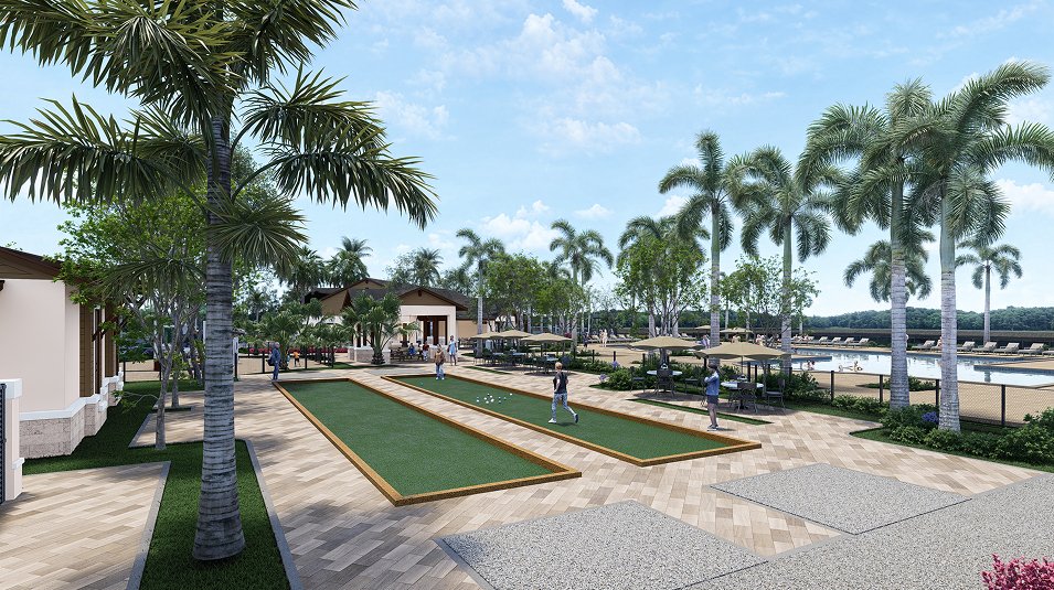 Builder's rendering of the planned bocce courts at Turnleaf, two sand courts edged in timber with a shaded seating area beside them.
