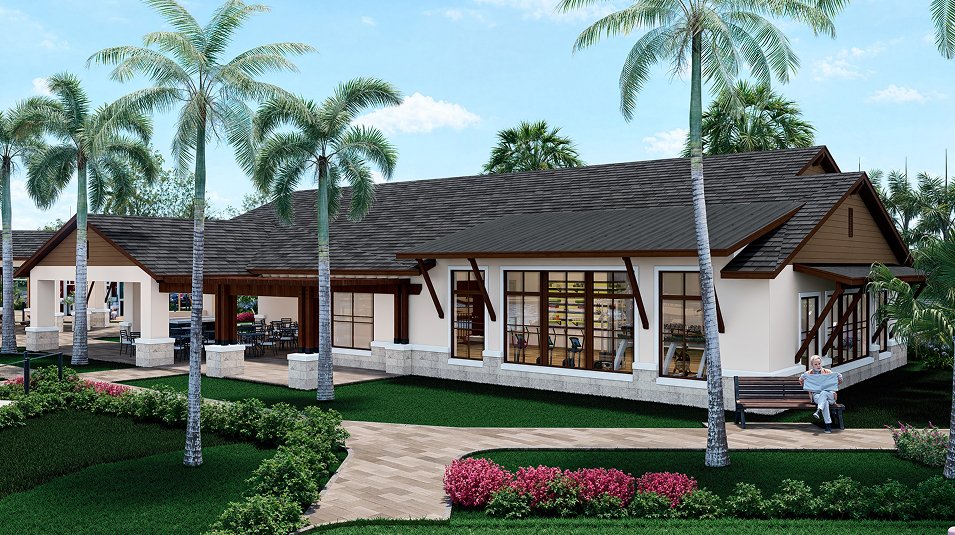 Builder's rendering of the planned Turnleaf clubhouse, a single-storey building with deep gables, stone bases and a covered terrace, set among palms. It is under construction.