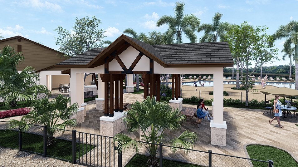 Builder's rendering of the planned open-sided pool pavilion at Turnleaf, a timber structure with a shingled roof and seating, beside the pool deck.