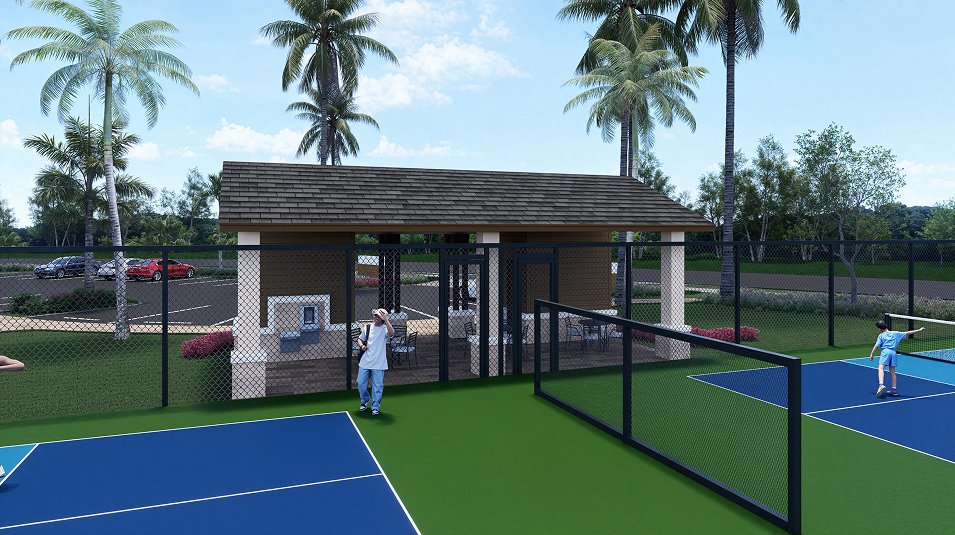 Builder's rendering of the planned pickleball courts at Turnleaf, fenced blue courts with a shaded shelter alongside.