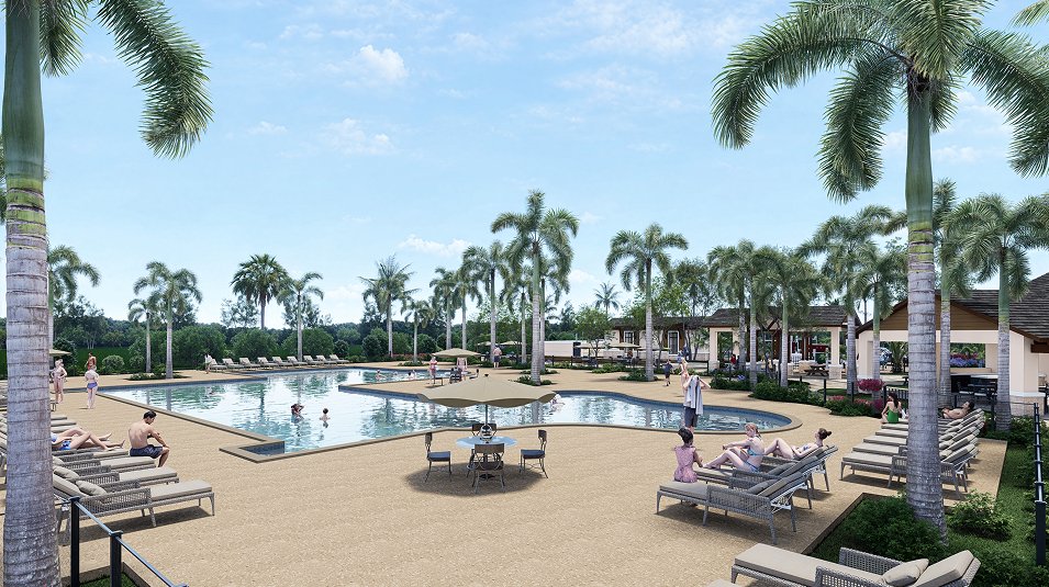 Builder's rendering of the planned resort pool at Turnleaf, a free-form pool with a sun shelf, loungers under palms and a shaded pavilion beyond.