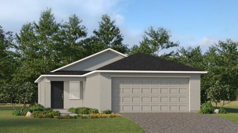 Lennar's own rendering of the Abbey floor plan seen from the street, a single-storey home with an attached garage. A rendering supplied by the builder, not a photograph of a house standing at Turnleaf.