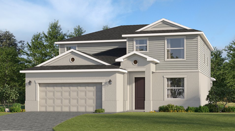 Lennar's own rendering of the Amalfi floor plan seen from the street, a two-storey home with an attached garage. A rendering supplied by the builder, not a photograph of a house standing at Turnleaf.