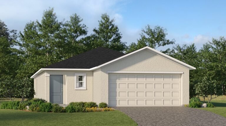 Lennar's own rendering of the Belmont floor plan seen from the street, a single-storey home with an attached garage. A rendering supplied by the builder, not a photograph of a house standing at Turnleaf.