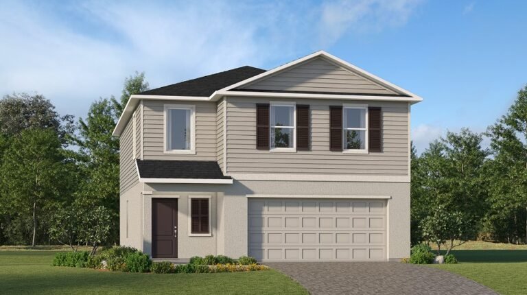 Lennar's own rendering of the Columbus floor plan seen from the street, a two-storey home with an attached garage. A rendering supplied by the builder, not a photograph of a house standing at Turnleaf.