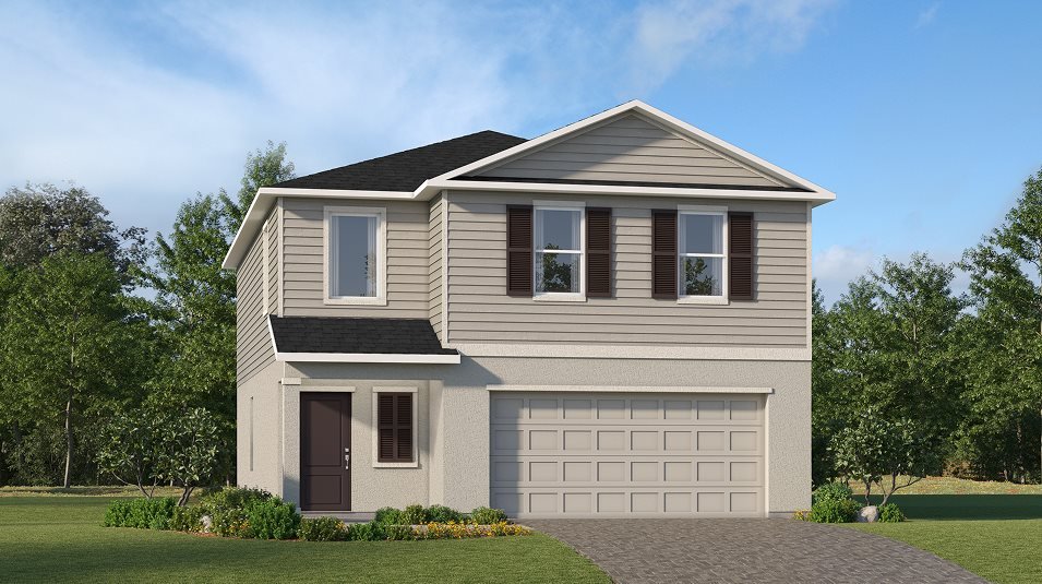 Lennar's own rendering of the Columbus floor plan seen from the street, a two-storey home with an attached garage. A rendering supplied by the builder, not a photograph of a house standing at Turnleaf.