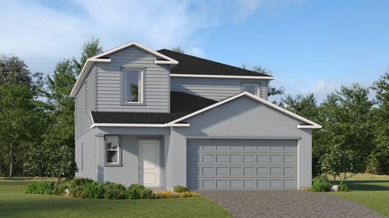 Lennar's own rendering of the Georgia floor plan seen from the street, a two-storey home with an attached garage. A rendering supplied by the builder, not a photograph of a house standing at Turnleaf.
