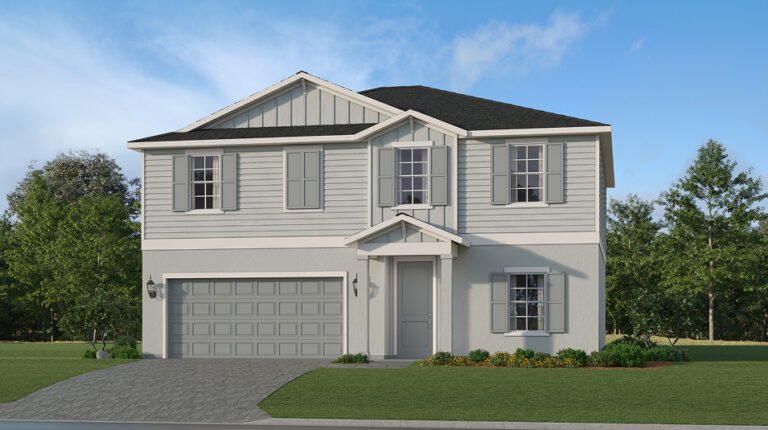 Lennar's own rendering of the second facade option for the Hubble floor plan, a two-storey home differing from the first mainly in the upper-storey cladding. A rendering supplied by the builder, not a photograph of a house standing at Turnleaf.