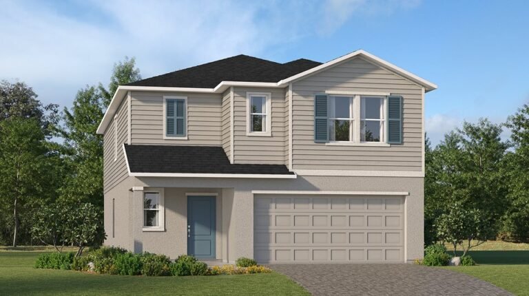 Lennar's own rendering of the Jefferson floor plan seen from the street, a two-storey home with an attached garage. A rendering supplied by the builder, not a photograph of a house standing at Turnleaf.