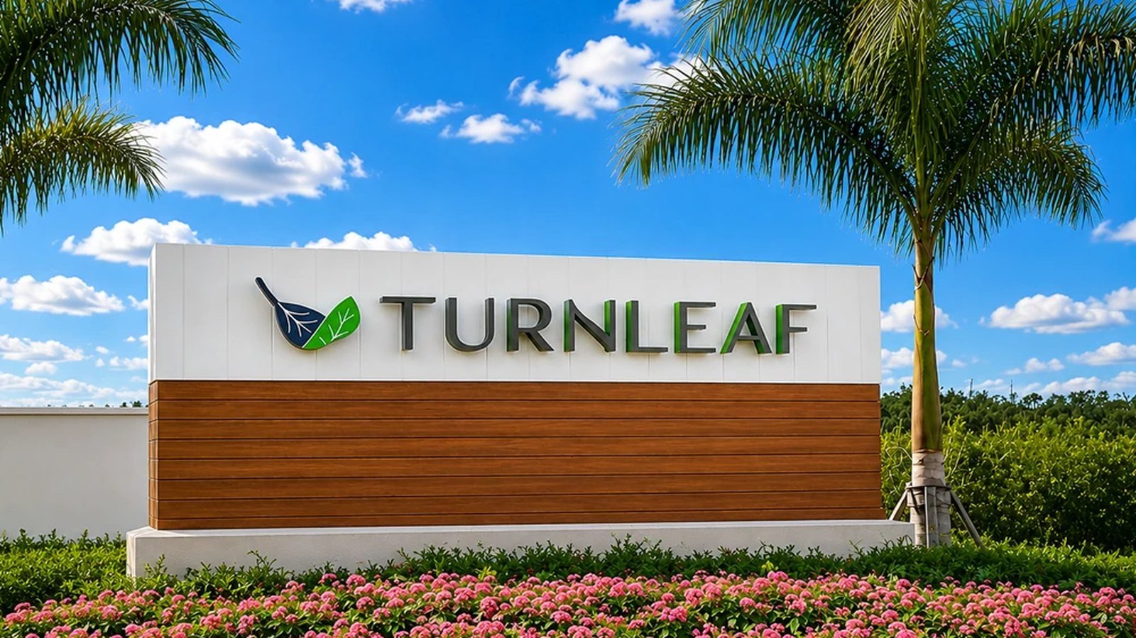 The Turnleaf entrance monument: a white wall with a timber-clad base carrying the Turnleaf name and leaf mark, framed by two palms with pink pentas planted along the front. The entrance is open — there is no gate arm, guard house or call box in view.