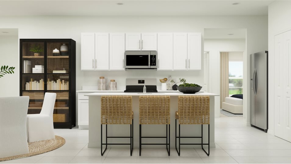 Lennar's own rendering of the kitchen in the Abbey floor plan. A rendering supplied by the builder, not a photograph of a completed home at Turnleaf.