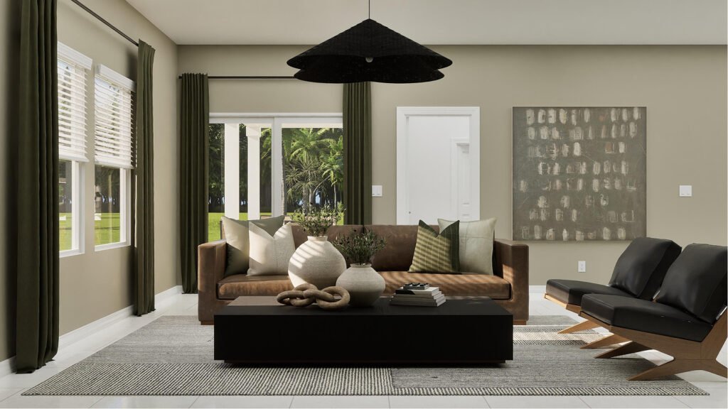 Lennar's own rendering of the great room in the Bartik floor plan. A rendering supplied by the builder, not a photograph of a completed home at Turnleaf.