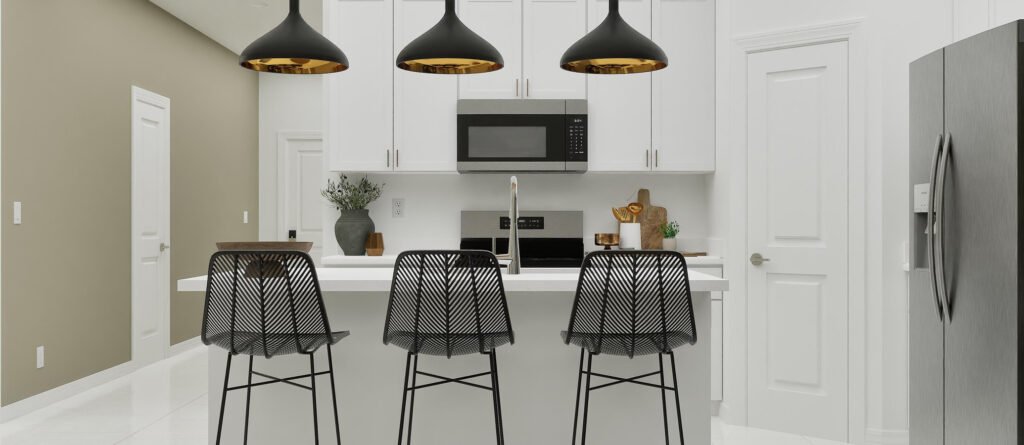 Lennar's own rendering of the kitchen in the Bartik floor plan. A rendering supplied by the builder, not a photograph of a completed home at Turnleaf.