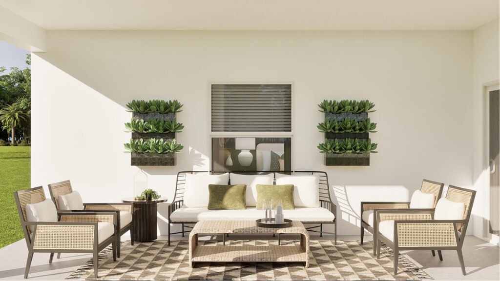 Lennar's own rendering of the covered lanai in the Bartik floor plan. A rendering supplied by the builder, not a photograph of a completed home at Turnleaf.