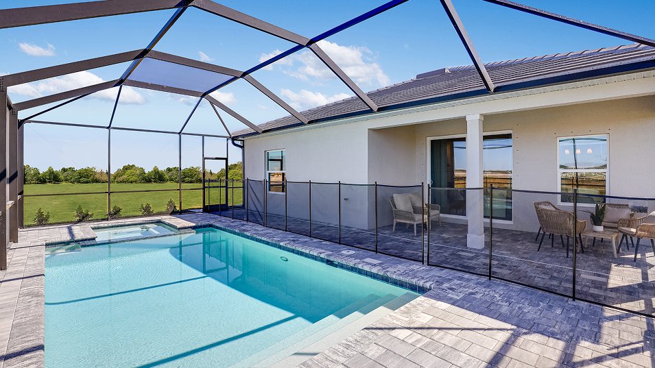 Photograph of the covered lanai in a completed Lennar Carson model home. Photographed in a Lennar model, not at Turnleaf.