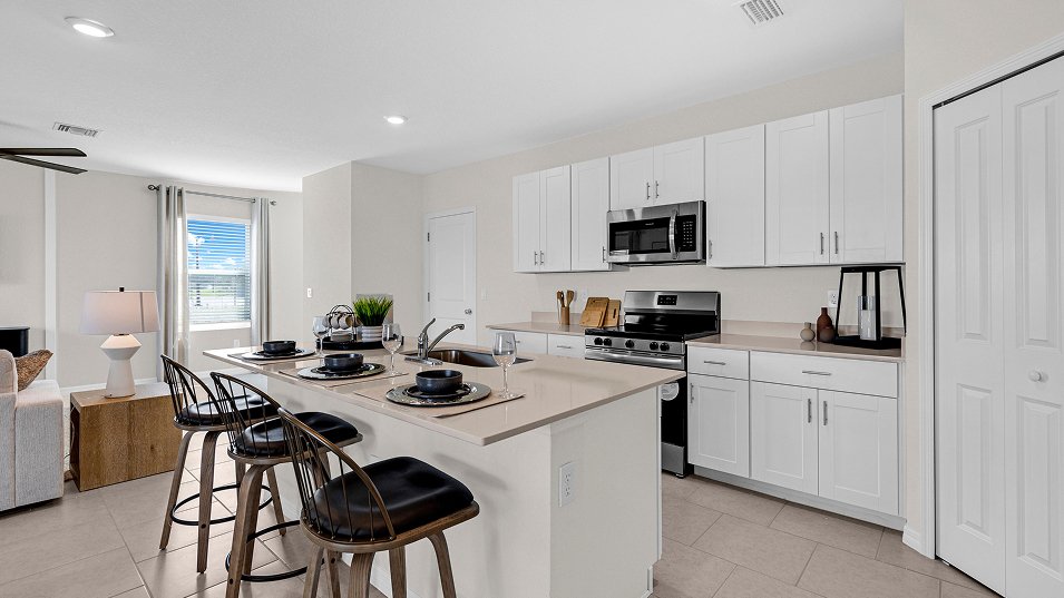 Photograph of the kitchen in a completed Lennar Columbus model home. Photographed in a Lennar model, not at Turnleaf.