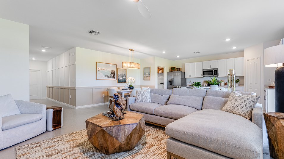 Photograph of the great room in a completed Lennar Edison model home. Photographed in a Lennar model, not at Turnleaf.