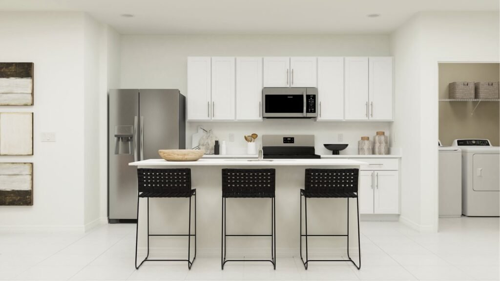 Lennar's own rendering of the kitchen in the Georgia floor plan. A rendering supplied by the builder, not a photograph of a completed home at Turnleaf.