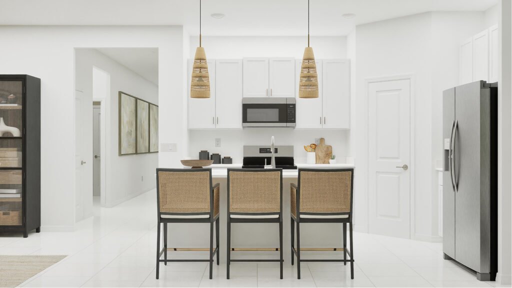 Lennar's own rendering of the kitchen in the Goodall floor plan. A rendering supplied by the builder, not a photograph of a completed home at Turnleaf.