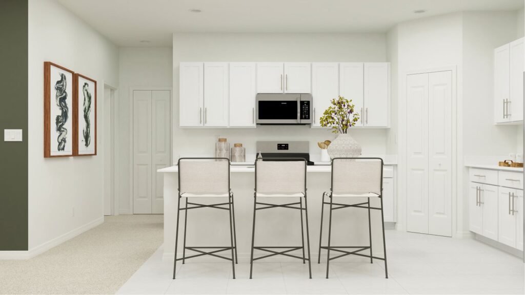 Lennar's own rendering of the kitchen in the Jefferson floor plan. A rendering supplied by the builder, not a photograph of a completed home at Turnleaf.