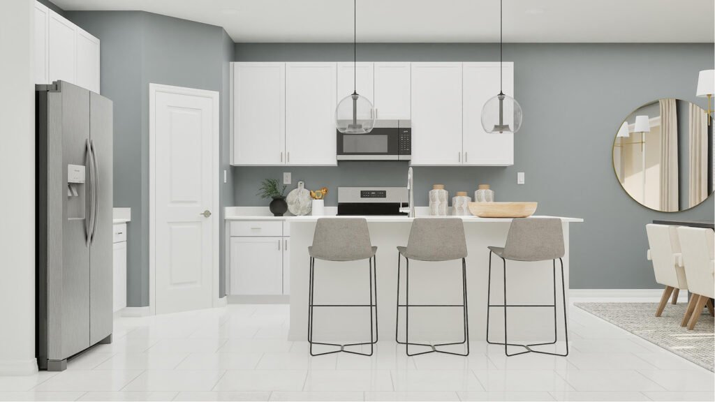 Lennar's own rendering of the kitchen in the Segan floor plan. A rendering supplied by the builder, not a photograph of a completed home at Turnleaf.