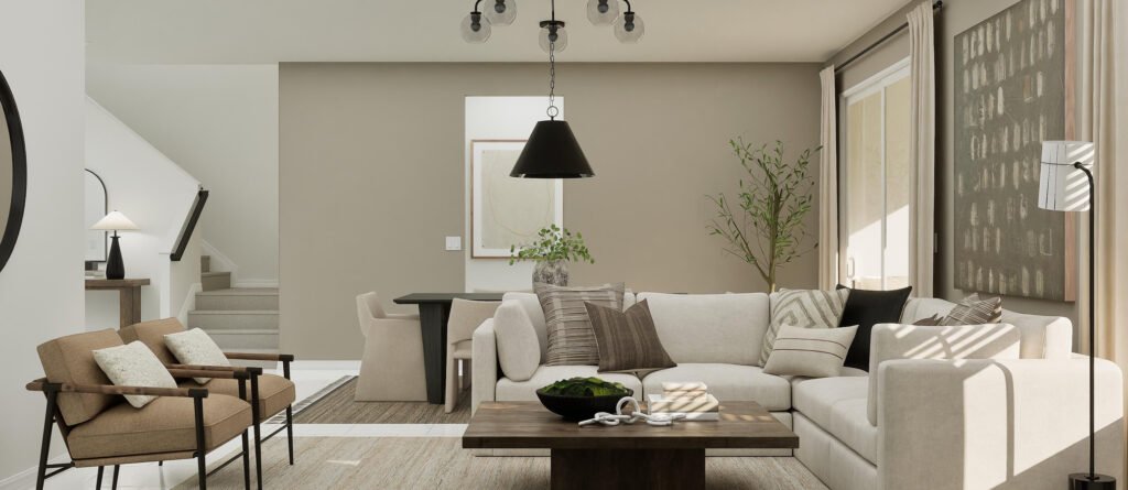 Lennar's own rendering of the great room in the Teller floor plan. A rendering supplied by the builder, not a photograph of a completed home at Turnleaf.