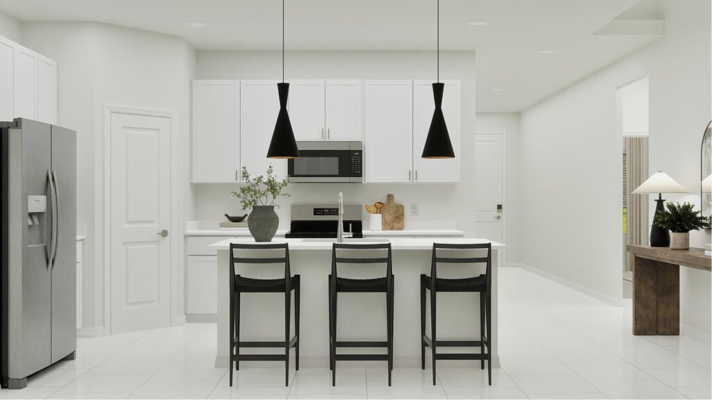Lennar's own rendering of the kitchen in the Teller floor plan. A rendering supplied by the builder, not a photograph of a completed home at Turnleaf.