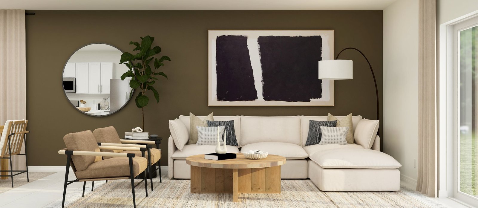 Lennar's own rendering of the family room in the Georgia floor plan, showing a sectional sofa against a dark accent wall beside sliding doors. A rendering supplied by the builder, not a photograph of a completed home at Turnleaf.