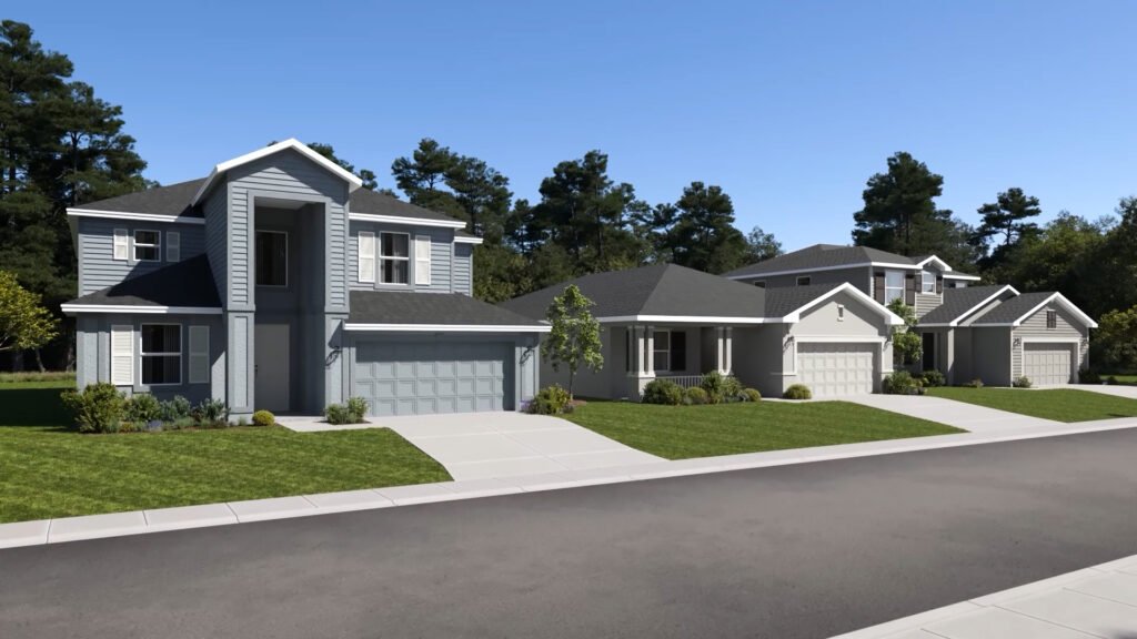Builder's rendering of a Turnleaf street, a row of single- and two-storey Lennar homes with driveways and young planting. Computer-generated by Lennar, not a photograph of the street as it stands.