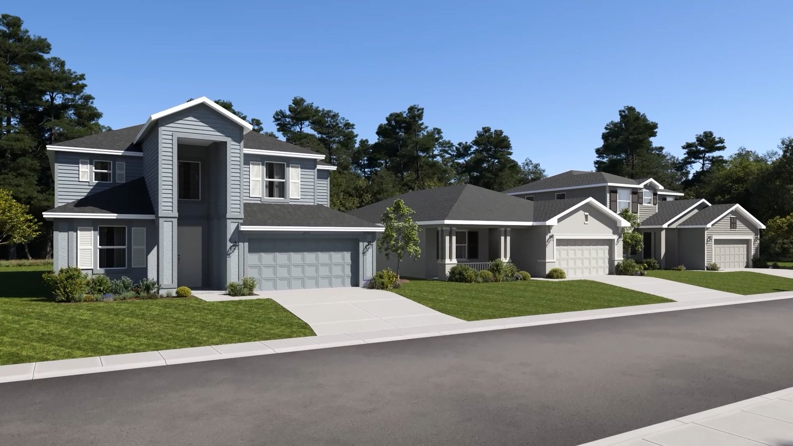 Builder's rendering of a Turnleaf street, a row of single- and two-storey Lennar homes with driveways and young planting. Computer-generated by Lennar, not a photograph of the street as it stands.